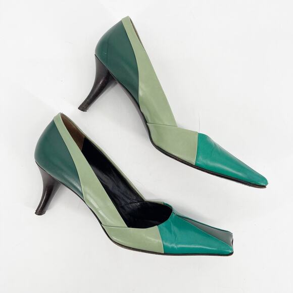 Vintage Prada Green Tricolor Colorblock Leather Square Toe Mid Heel Pumps 38.5 - Picture 3 of 11